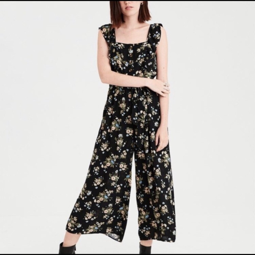 American Eagle black floral jumpsuit